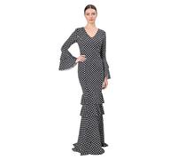 Vestido Flamenco Mujer Largo - Sevillana Adulto con Lunares y Mangas Acampanadas - Traje Andaluz Elegante para Feria y Baile (FR/ES, Letras, L, XL, Regular, Regular, Fondo Negro con Puntos Blancos)