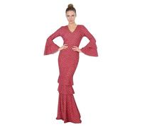 Vestido Flamenco Mujer Largo - Sevillana Adulto con Lunares y Mangas Acampanadas - Traje Andaluz Elegante para Feria y Baile (FR/ES, Letras, L, XL, Regular, Regular, Fondo Rojo con Puntos Negros)