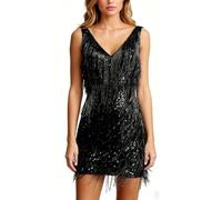 Vestido Flapper con borlas de Lentejuelas for Mujer, sin Mangas, Cuello levantado, Flecos Brillantes, Trajes de Baile Latino Salsa Cha-Cha Jazz(Black,M)