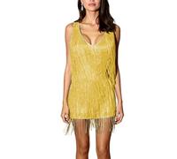 Vestido Flapper con borlas de Lentejuelas for Mujer, sin Mangas, Cuello levantado, Flecos Brillantes, Trajes de Baile Latino Salsa Cha-Cha Jazz(Golden,M)