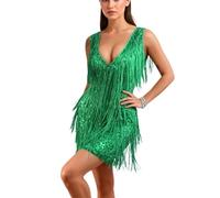 Vestido Flapper con borlas de Lentejuelas for Mujer, sin Mangas, Cuello levantado, Flecos Brillantes, Trajes de Baile Latino Salsa Cha-Cha Jazz(Green,M)