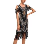 Vestido Flecos Mujer, Disfraz Años 20 Vestido Charleston Gatsby Vestido Lentejuelas Fiestas Temáticas Disfraz Charleston XXL Disfraz De Epoca Estilo Flapper Mangas Cortas Disfraces Carnaval