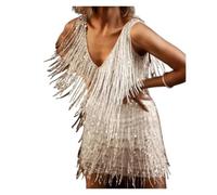 Vestido Flecos Vestido de Noche sin Mangas con Lentejuelas y Flecos y Brillo Brillante(Silver,S)