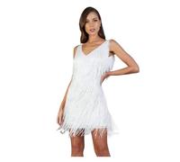 Vestido Flecos Vestido de Noche sin Mangas con Lentejuelas y Flecos y Brillo Brillante(White,L)