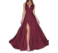 Vestido formal de fiesta de noche con cuello en V profundo, vestido largo de satén, vestido de graduación con abertura alta, vestido de dama de honor para invitados, granate, 38
