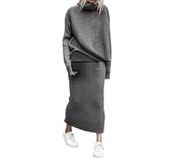 Vestido Formal de Manga Moda Invierno 2 Piezas Suéter de Punto Acanalado de Lana Cuello Alto Conjunto de Mujer Femenino Elegante Vestidos Casuales de Mujer Chaquetas Largas Mujer Verano, gris, L
