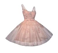 Vestido Formal de Mujer con Apliques de Encaje, Vestido Corto Fiesta, Tul, Minivestido cóctel, Boda, invitada Noche, Rosa Claro, Talla pequeña