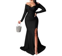 Vestido Formal de Mujer, Vestido de Noche Estilo Sirena, Cuello en V, Manga Larga, Abertura Alta, Maxi para invitada Boda o cóctel, Negro, Talla pequeña.