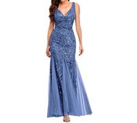 Vestido Formal de Sirena con Lentejuelas para Mujer, Escote en V, sin Mangas, Vestido de Noche Ajustado, Largo hasta el Suelo, para invitada Boda, Azul, Talla Grande.