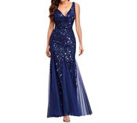 Vestido Formal de Sirena con Lentejuelas para Mujer, Escote en V, sin Mangas, Vestido de Noche Ajustado, Largo hasta el Suelo, para invitada Boda, Azul Marino, Talla Grande.