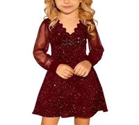 Vestido Formal e Informal para Niñas con Mangas Largas y Detalles de Malla en Cintura Alta (Red, 5-6 Years)