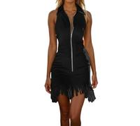 Vestido genérico con cuello de solapa sin mangas con detalles flecos para un estilo sensual y elegante vestido sexy para mujer, Le Noir, XXL