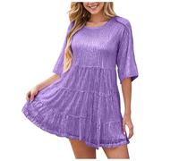 Vestido genérico con lentejuelas brillantes de verano, con lentejuelas, túnica corta y fluida, varios niveles para mujeres, fiesta en caja de noche, vestido de cóctel de boda, morado, XL