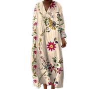 Vestido genérico de verano para mujer medio largo fluido elegante camisa vestidos de manga larga holgados casuales una línea impresa flores vestidos cuello en v redondo bohemio vestido de noche para