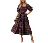 Vestido genérico para mujer a cuadros de cintura entallado manga larga acampanada vestido camisa abotonada casual chic vestidos skater otoño invierno oficina citas trajes de playa primavera verano