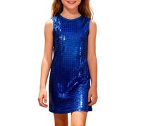 Vestido genérico para niña a cuadros con lentejuelas estampado sin mangas sin mangas sin mangas casual fiesta vestido con lentejuelas láser espalda desnuda edad 3-15 años traje de verano ligero, azul