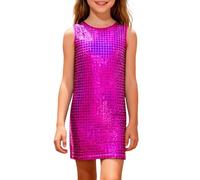 Vestido genérico para niña a cuadros con lentejuelas estampado sin mangas sin mangas sin mangas casual fiesta vestido con lentejuelas láser espalda desnuda edad 3-15 años traje de verano ligero, rosa