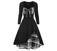 Vestido gótico con estampado a cuadros casual para mujer, contraste de empalme cruzado, gris, M