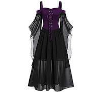 Vestido gótico de Halloween para Mujer Vestidos de Manga de Encaje Frontal con Lazo de Hombro frío de Talla Grande para niña (Purple Black, Large)