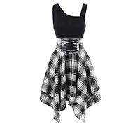 Vestido gótico de Mujer a Cuadros Mini Sexy de Cintura Alta asimétrico Casual Femenino Elegante gótico Punk Corto Vestidos de Encaje de Fiesta