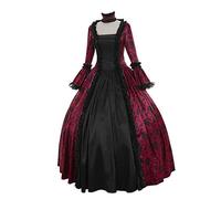 Vestido gótico medieval para mujer, de reina victoriana, de encaje, de satén, con mangas de trompeta, hasta el suelo, estilo retro, de princesa renacentista, de noche, atado a la cintura, rosa