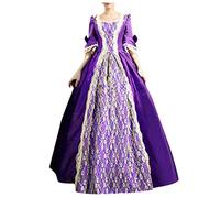Vestido gótico medieval para mujer, de reina victoriana, de encaje, de satén, con mangas de trompeta, hasta el suelo, estilo retro, de princesa renacentista, de noche, atado a la cintura, Lila1, L