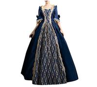 Vestido gótico medieval para mujer, de reina victoriana, de encaje, de satén, con mangas de trompeta, hasta el suelo, estilo retro, de princesa renacentista, de noche, atado a la cintura, Marine1., L