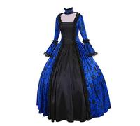 Vestido gótico medieval para mujer, de reina victoriana, de encaje, de satén, con mangas de trompeta, hasta el suelo, estilo retro, de princesa renacentista, de noche, atado a la cintura, Azul4, L