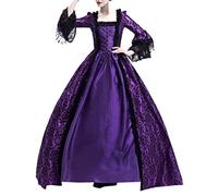 Vestido gótico medieval para mujer, de reina victoriana, de encaje, de satén, con mangas de trompeta, hasta el suelo, estilo retro, de princesa renacentista, de noche, atado a la cintura, Lila3, XL