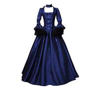 Vestido gótico medieval para mujer, de reina victoriana, de encaje, de satén, con mangas de trompeta, hasta el suelo, estilo retro, de princesa renacentista, de noche, atado a la cintura, Blau2, L