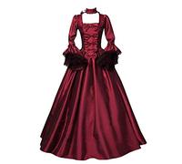 Vestido gótico medieval para mujer, de reina victoriana, de encaje, de satén, con mangas de trompeta, hasta el suelo, estilo retro, de princesa renacentista, de noche, atado a la cintura, Rojo2, L