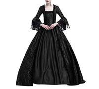 Vestido gótico medieval para mujer, de reina victoriana, de encaje, de satén, con mangas de trompeta, hasta el suelo, estilo retro, de princesa renacentista, de noche, atado a la cintura, Negro3, L