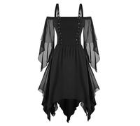Vestido gótico para mujer, negro, vestido midi medieval para mujer, mangas de murciélago, malla patchwork, vestido de bruja, Halloween, carnaval, fiesta, vampiro, vestido de vendaje irregular