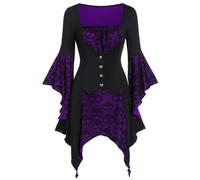 Vestido Gótico Victoriano De Encaje con Cuello En V, Manga Larga & Dobladillo Asimétrico para Mujer (Pospuesto,XXL)