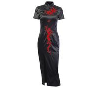 Vestido gótico vintage elegante de terciopelo negro, vestido Harajuku de encaje de cintura alta con abertura, vestido de fiesta delgado estético, Vestido con estampado de dragón, M