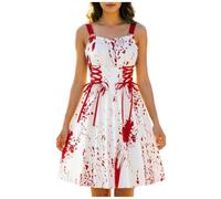 Vestido Halloween Mujer con Sangre Disfraz de Halloween con Tirantes Ajustables y Lazos Rojos Vintage Vestido de Fiesta Gótico con Estampado Divertido para Halloween Cosplay y Noche de Brujas