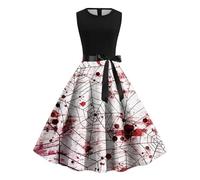 Vestido Halloween Mujer, Disfraces De Halloween, Cuello Bajo Sin Manga con Divertidos Patrón Impreso Plisada Tirantes Disfraz Zombie Divertidos Diablo Bruja Cosplay Carnaval Temáticas Vestidos
