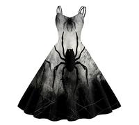 Vestido Halloween Mujer, Disfraces De Halloween, Cuello Bajo Sin Manga con Divertidos Patrón Impreso Plisada Tirantes Disfraz Oscuro Diablo Bruja Carnaval Fiesta Festival Temáticas Baile Vestidos
