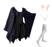 Vestido Halloween Mujer Manga De Murciélago Vestido Medieval Mujer Moda Gotica Chic Cuello Cuadrado Dresses Elegantes Único Dress Vestidos Cortos Vestidos con Corsé Marina de Guerra M