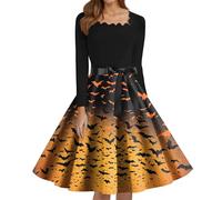 Vestido Halloween Mujer Manga Larga Vestido Coctel Mujer Glamour Slim Fit Elegantes Vestidos De Largo Medio Estilo Hepburn Dresses Chic Gotica Cuello Cuadrado Dress Estampados Amarillo 3XL