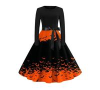 Vestido Halloween Mujer Manga Larga Vestido Fiesta Mujer Único Exquisito Gracioso Vestidos De Largo Medio Estilo Hepburn Dresses Gotica Glamour Estampados Dress Cuello Redondo Marina de Guerra S