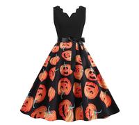Vestido Halloween Mujer, Vestido Audrey Hepburn, Cuello Bajo Sin Manga Con Divertidos Patrón Impreso Plisada Tirantes Disfraz Medieval Cintura Alta Terror Fiesta Máscaras Cóctel Noche Vestidos
