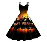 Vestido Halloween Mujer, Vestido Audrey Hepburn, Cuello Bajo Sin Manga con Divertidos Patrón Impreso Plisada Tirantes Disfraz Zombie Divertidos Diablo Bruja Cosplay Carnaval Temáticas Vestidos