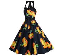Vestido Halloween Mujer, Vestido Audrey Hepburn, Fuera Hombro con Malvada Calabaza Impresa Estilo Hepburn Vintage Fiesta Falda Grande Swing Carnaval Glamour Noche Formal De Corte Vestidos