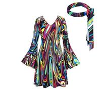 Vestido hippie corto para mujer, traje de discoteca de los años 70, con diadema, vintage, hippie, cuello en V, vestido de línea A, vestido con manga larga, clásico disfraz de los años 60 para carnaval