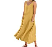 Vestido informal de color liso sin mangas con cuello en V y para mujer, largo hasta la rodilla, para invitado de boda, amarillo, XXL