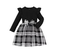 Vestido Informal de Fiesta para niñas, Manga Larga con Cuello Redondo, Lazo Decorativo y Estampado de Cuadros, Suave y cómodo para Celebraciones Familiares y Eventos Especiales. (Black, 5-6 Years)