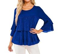 Vestido informal de lentejuelas multicapa tejido de mezcla de punto con mangas fluidas para un uso diario cómodo, azul, XL