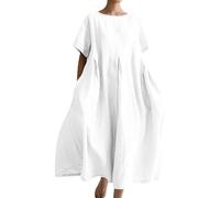 Vestido Informal de Lino y algodón para Mujer, Cuello Redondo, Manga Larga, Holgado, Talla Grande, Verano, Diario, maxivestido con Bolsillos, tendenci