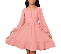 Vestido informal de manga larga con cintura que realza la cintura para actividades al aire libre en primavera, Rosa claro., 14-15 años